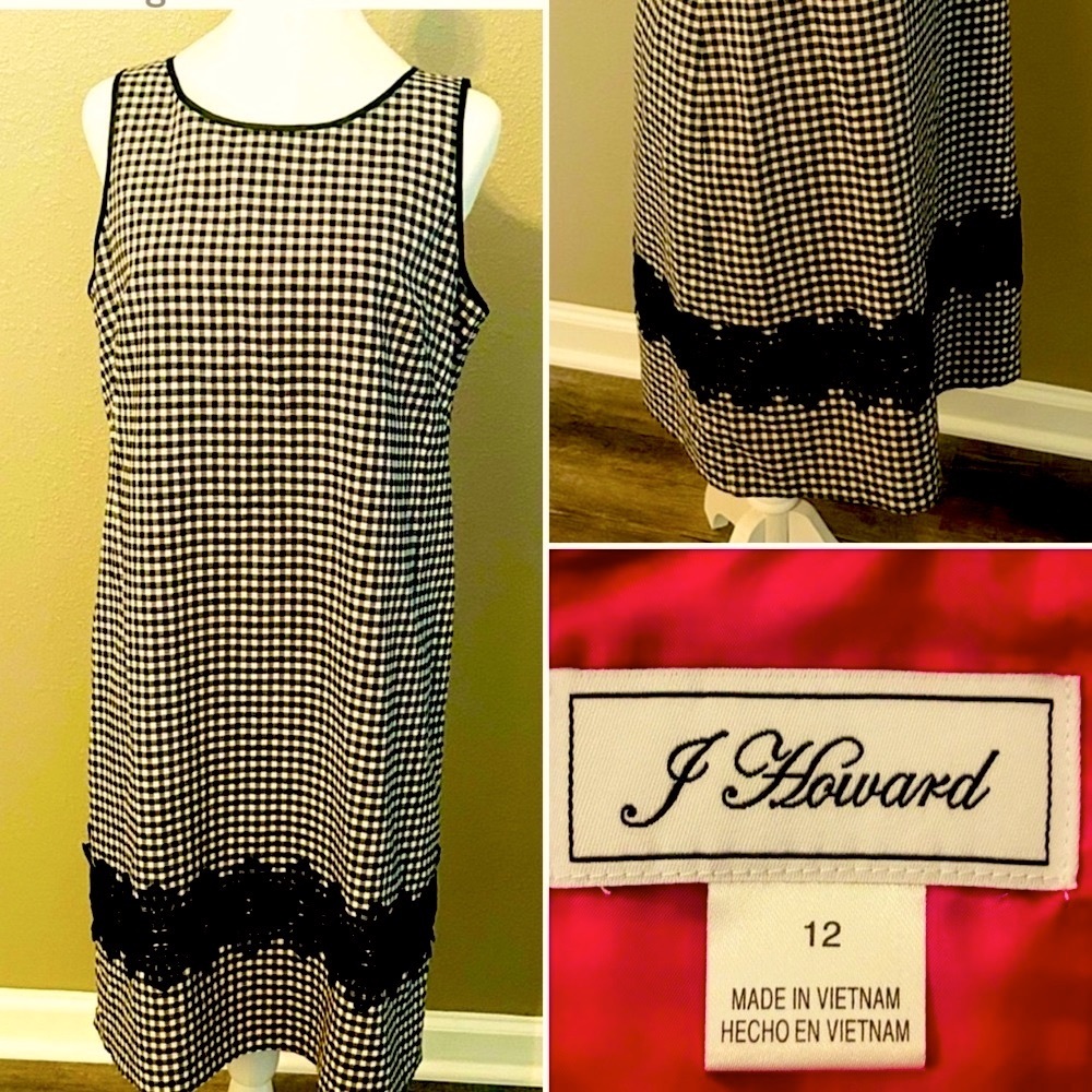 Jessica Howard Sleeveless Sheath Dress - Large / 12 - Black Gingham Lace Trim